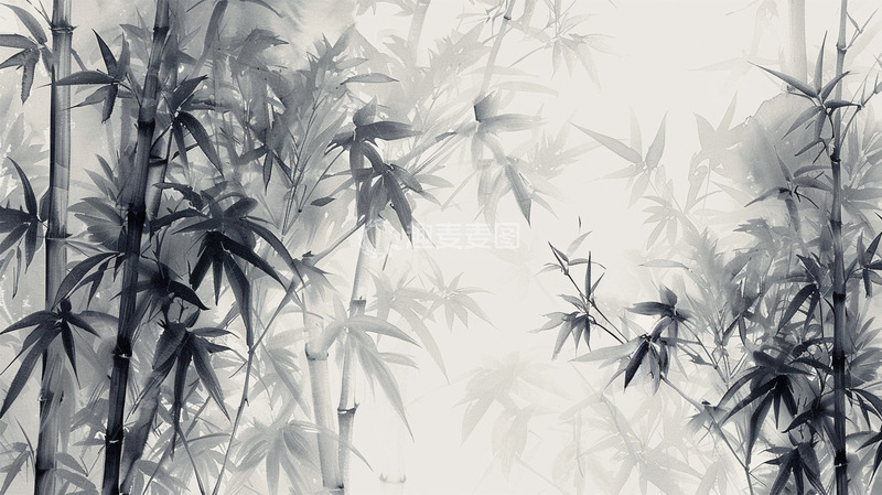 高清大图下载【趣麦麦图】水墨竹子场景黑白背景壁纸