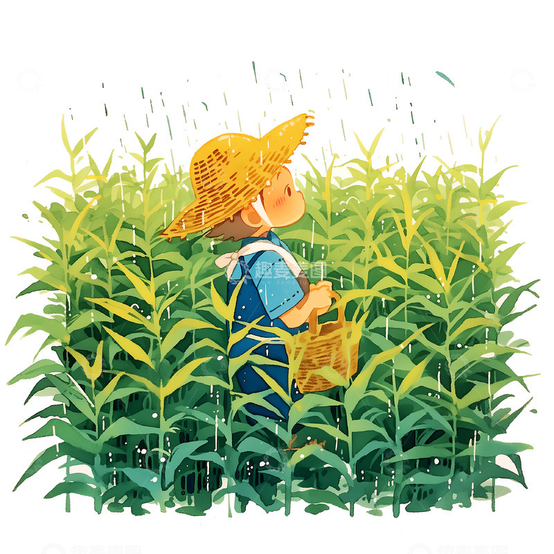 高清大图下载【趣麦麦图】站在麦田里的可爱农民卡通风格