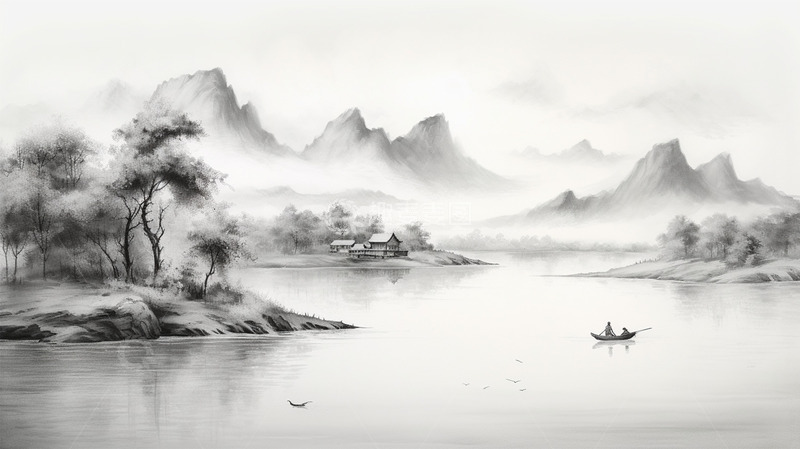 高清大图下载【趣麦麦图】中国风水墨山水场景唯美意境插画