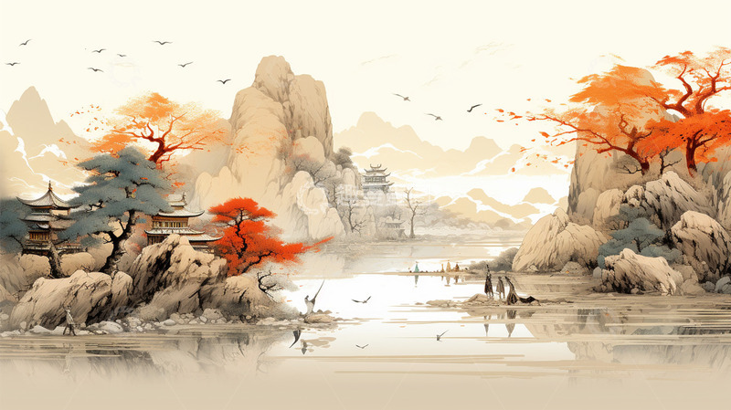 高清大图下载【趣麦麦图】中国风水墨工笔山水场景植物插画