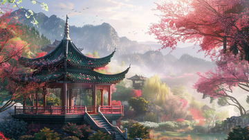 春天凉亭山水唯美场景