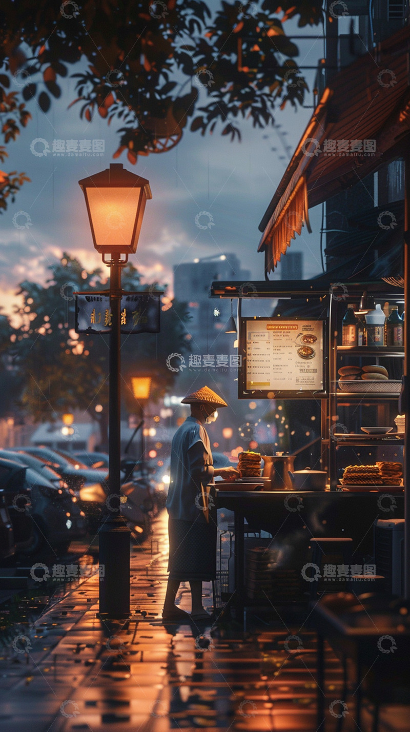 高清大图下载【趣麦麦图】清晨路边早餐店