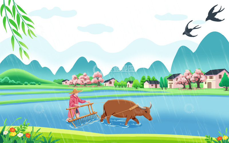 源文件下载【趣麦麦图】谷雨农耕插秧场景背景插画