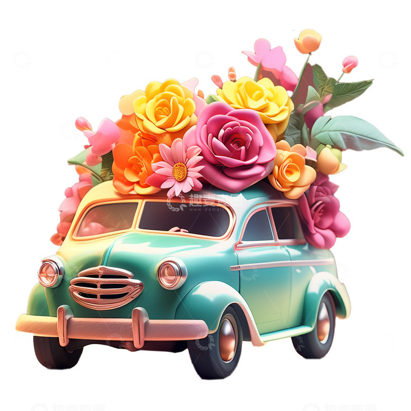 高清大图下载【趣麦麦图】载满鲜花的卡通小汽车