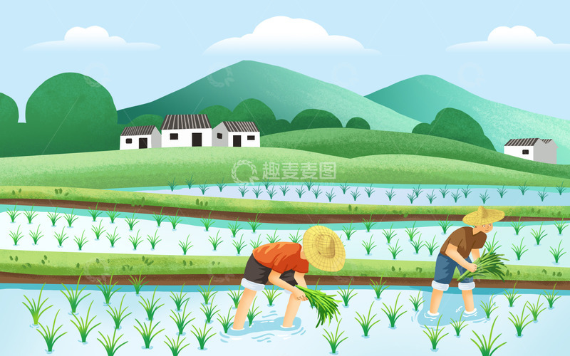 源文件下载【趣麦麦图】谷雨农耕场景背景插画