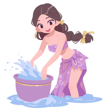 卡通人物泼水节插画素材