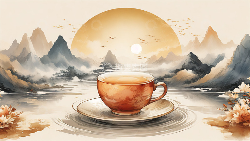 高清大图下载【趣麦麦图】中国风山水水墨茶杯太阳场景