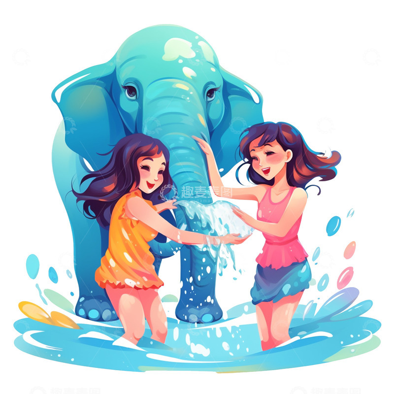 高清大图下载【趣麦麦图】女孩与大象玩水泼水节卡通元素