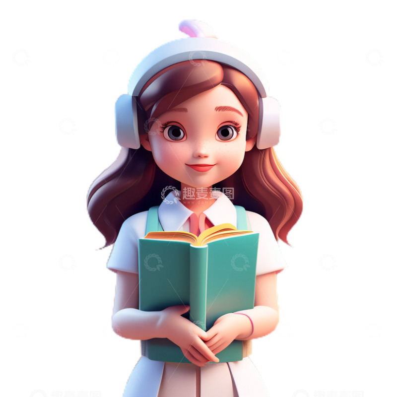 高清大图下载【趣麦麦图】3D立体卡通小女孩拿着书本耳机