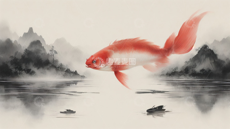 高清大图下载【趣麦麦图】中国风锦鲤水墨红色鲜花唯美场景