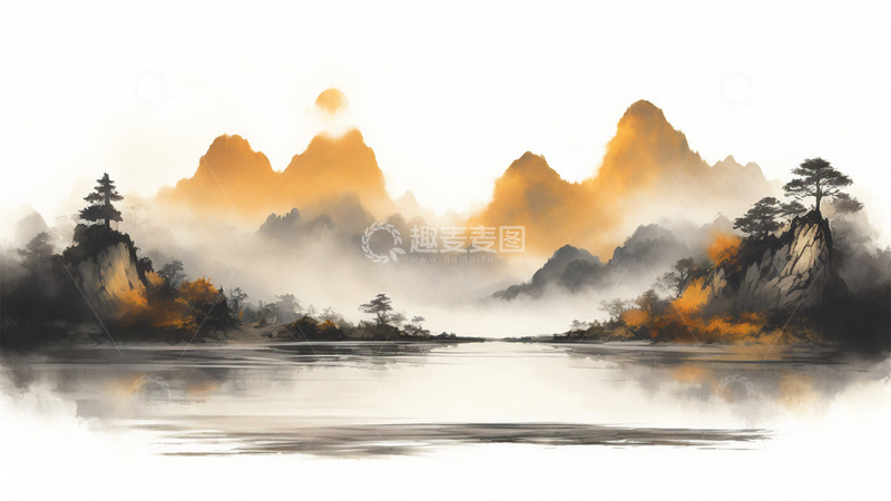 高清大图下载【趣麦麦图】中国风水墨山水场景风景插画