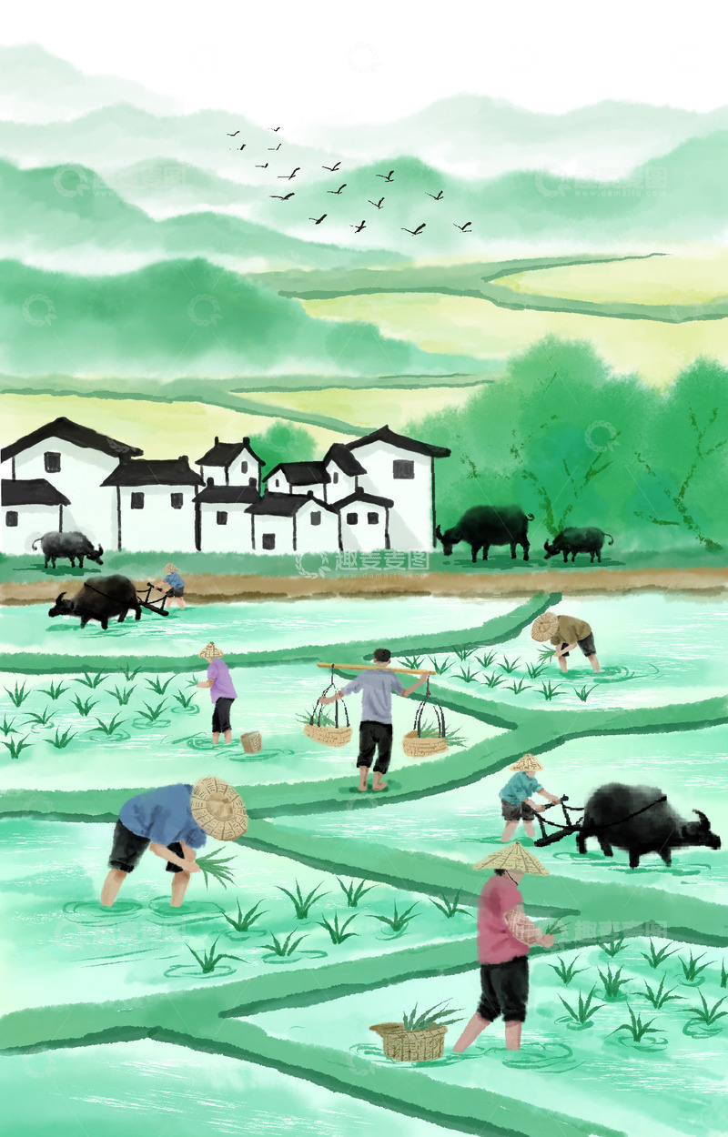 源文件下载【趣麦麦图】谷雨农耕场景背景插画