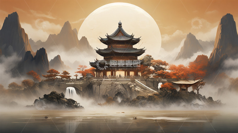 高清大图下载【趣麦麦图】中国风中式建筑太阳山水凉亭唯美场景