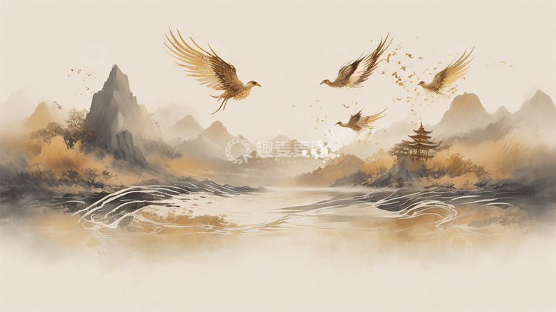 高清大图下载【趣麦麦图】中国风中式水墨山水建筑鸟场景