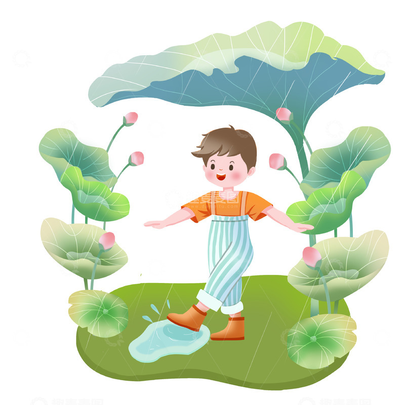 源文件下载【趣麦麦图】-谷雨人物雨伞荷花雨滴雨水场景