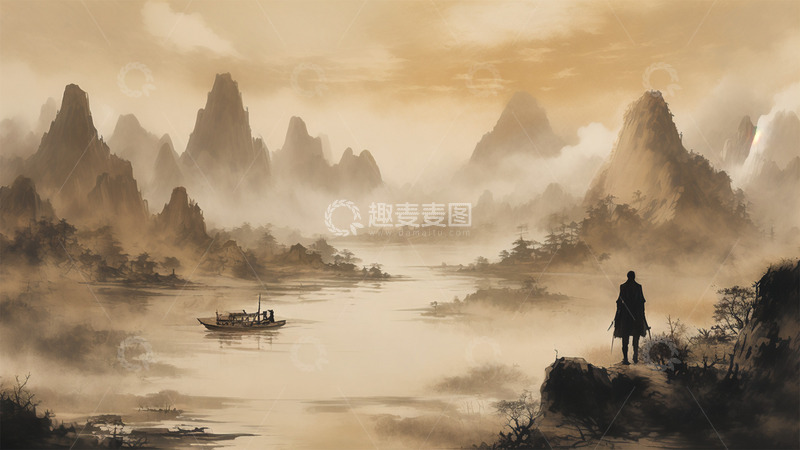高清大图下载【趣麦麦图】中国风山水船水墨场景插画