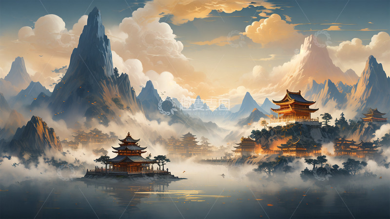 高清大图下载【趣麦麦图】中国风山水建筑唯美场景祥云