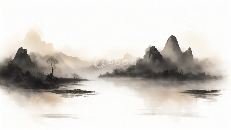 高清大图下载【趣麦麦图】中国风山水黑白水墨场景插画
