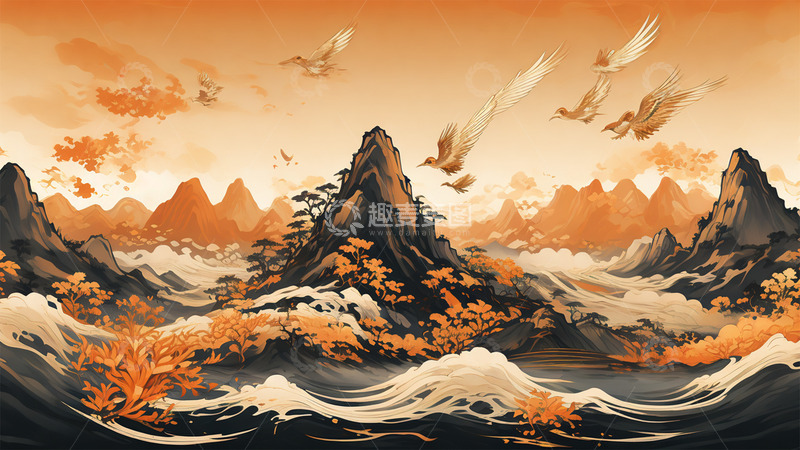 高清大图下载【趣麦麦图】中国风工笔中式鸟山水插画植物