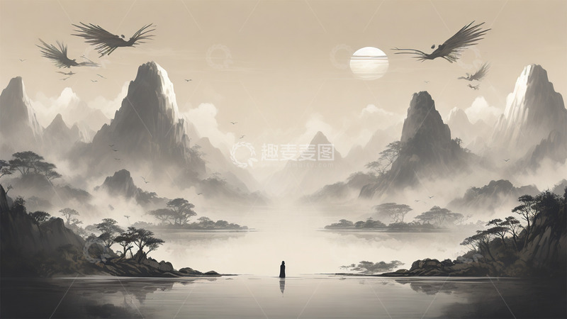 高清大图下载【趣麦麦图】中国风山水水墨植物太阳鸟插画