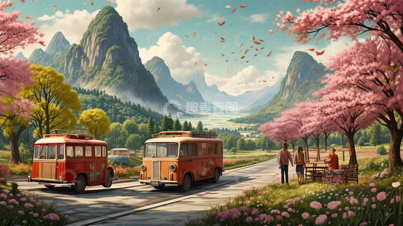 高清大图下载【趣麦麦图】唯美春天鲜花春游踏青汽车场景