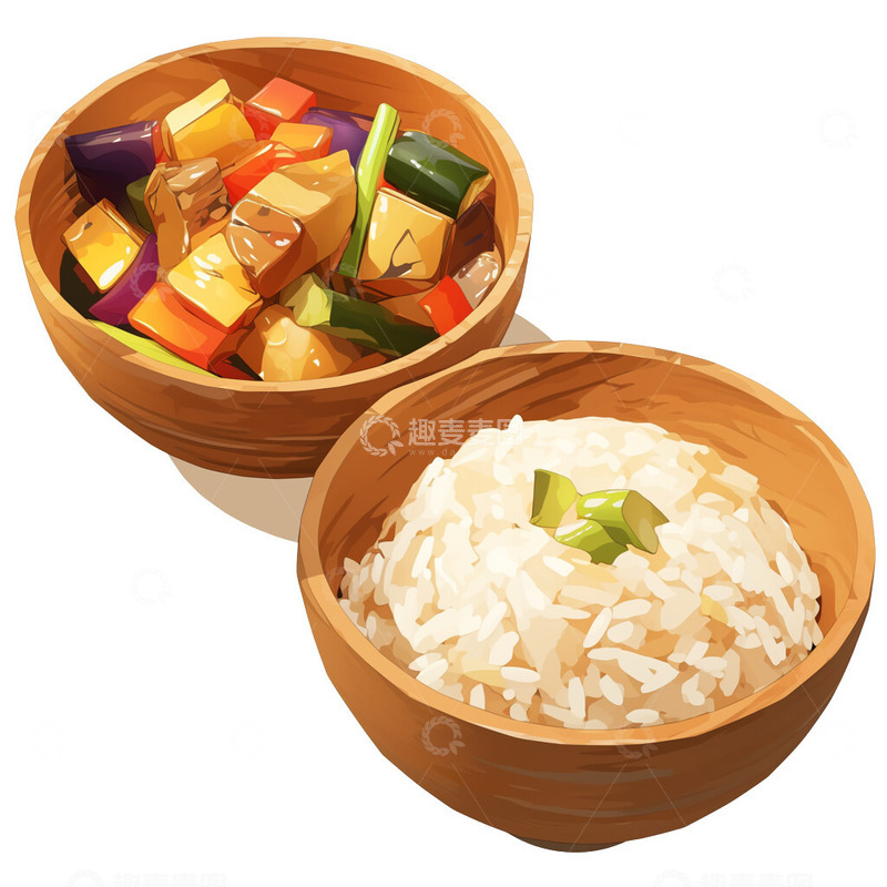 高清大图下载【趣麦麦图】中式快餐套餐米饭炒菜插画