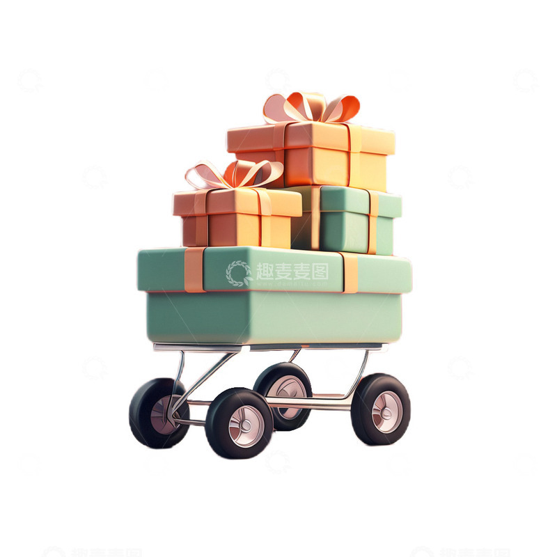 高清大图下载【趣麦麦图】3D立体卡通购物车礼物盒节日送礼