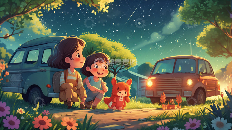 高清大图下载【趣麦麦图】春天鲜花可爱汽车踏青场景