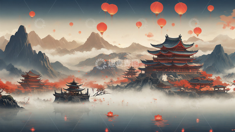 高清大图下载【趣麦麦图】中国风建筑山水灯笼场景