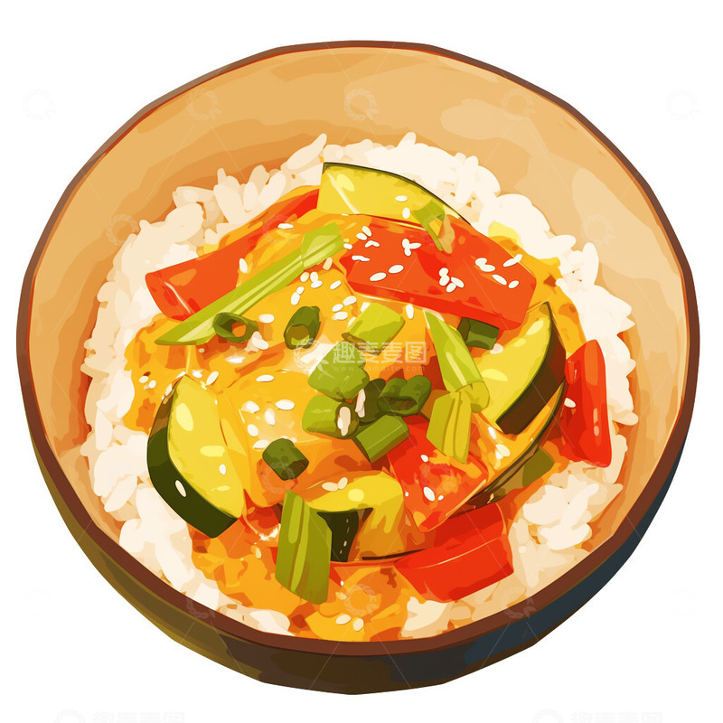 高清大图下载【趣麦麦图】炒蔬菜盖饭插画