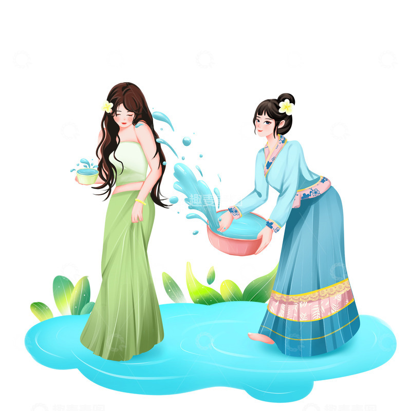 源文件下载【趣麦麦图】泼水节人物元素