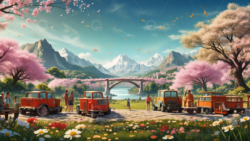 高清大图下载【趣麦麦图】春天鲜花春游汽车踏青场景