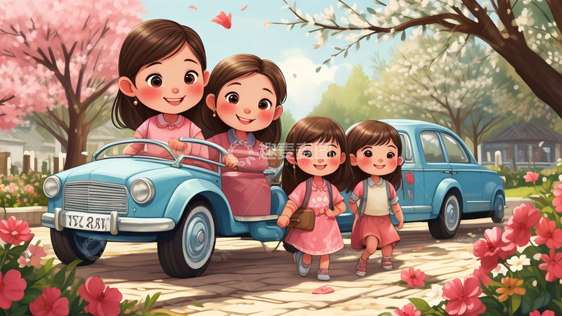 高清大图下载【趣麦麦图】春天春游汽车女孩鲜花场景插画