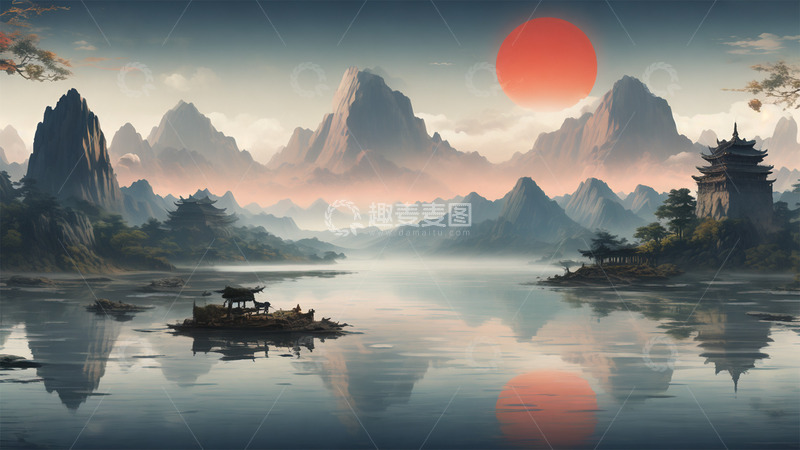 高清大图下载【趣麦麦图】中国风山水祥云建筑唯美场景