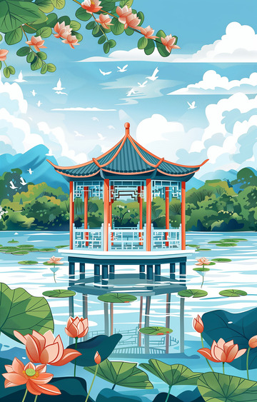 夏季池塘凉亭荷花插画背景