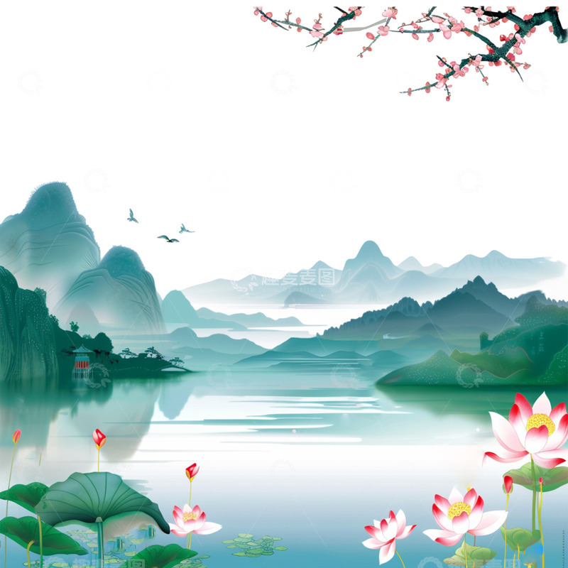 高清大图下载【趣麦麦图】江南风光山水插画