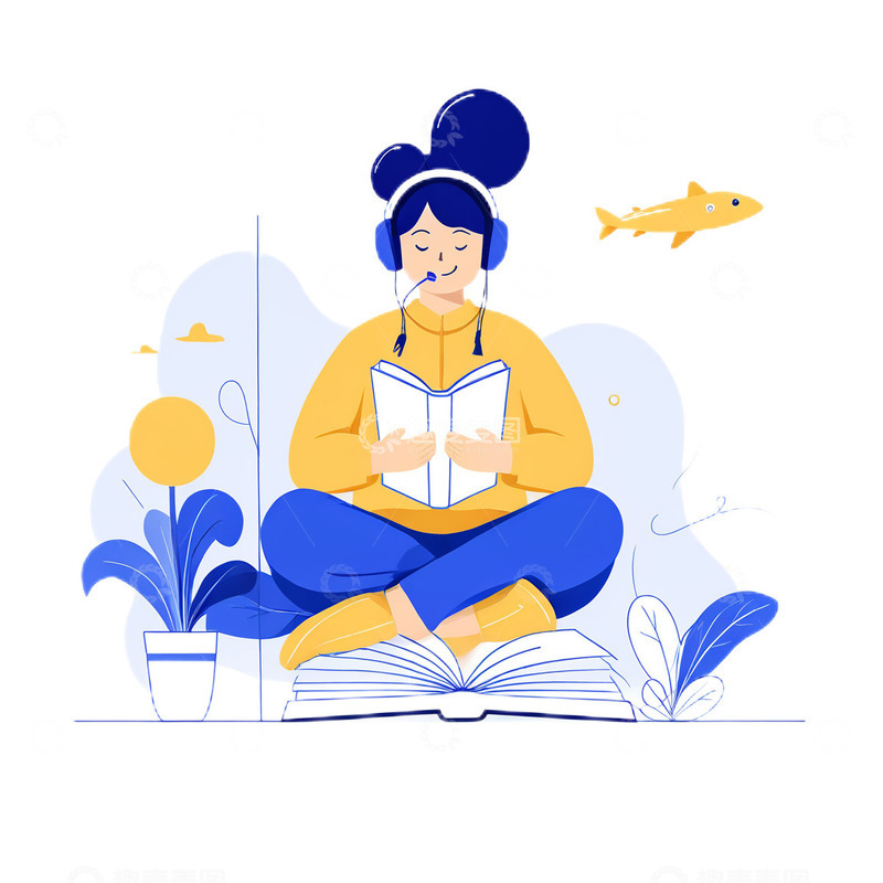 高清大图下载【趣麦麦图】扁平风插画女孩看书戴耳机手绘