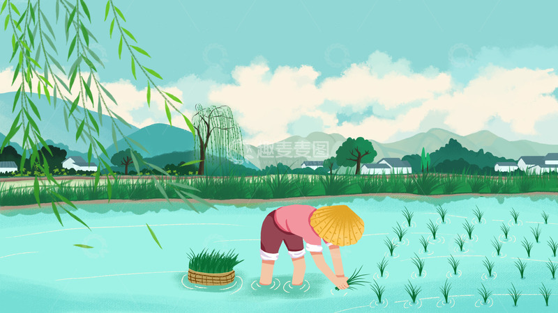 源文件下载【趣麦麦图】谷雨农耕场景背景插画