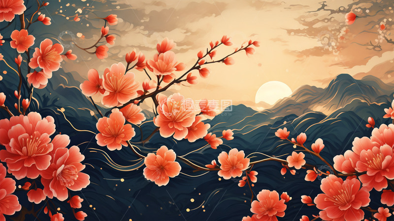 高清大图下载【趣麦麦图】中国风山水鲜花植物太阳场景