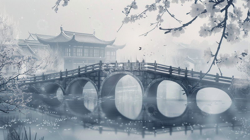 高清大图下载【趣麦麦图】中国风建筑黑白桥鲜花春天唯美场景