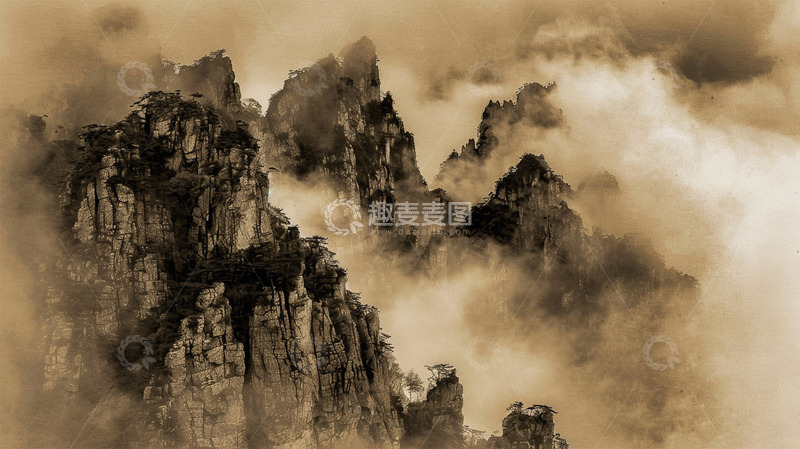 高清大图下载【趣麦麦图】中国风水墨山水场景祥云植物