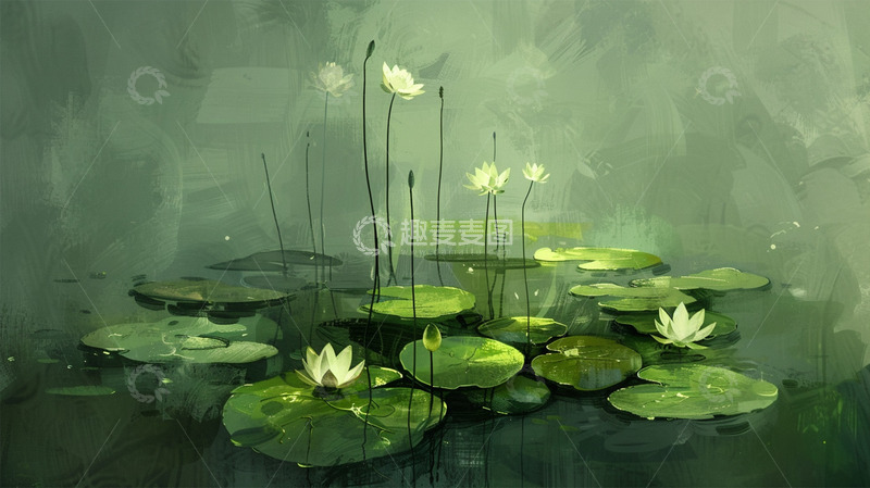 绿色荷花唯美插画场景