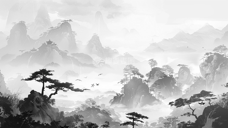 高清大图下载【趣麦麦图】中国风黑白山水植物意境场景