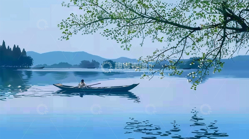高清大图下载【趣麦麦图】中国风山水船植物场景背景