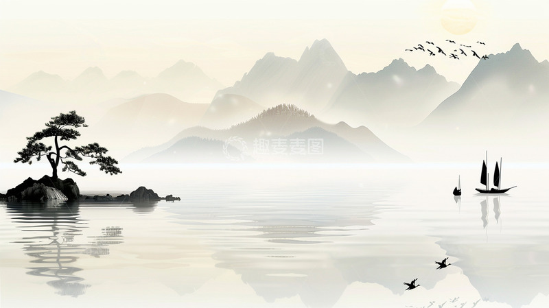 高清大图下载【趣麦麦图】中国风水墨黑白山水船飞鸟场景