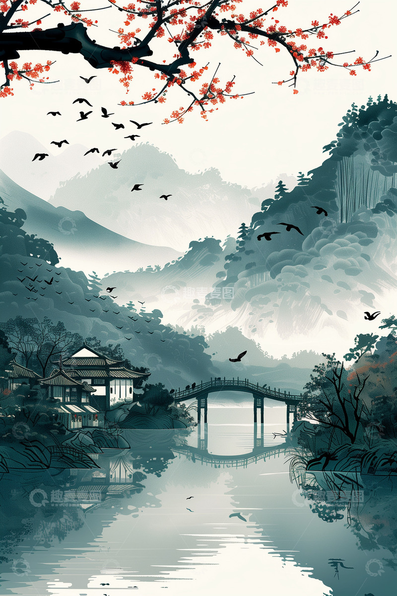 高清大图下载【趣麦麦图】水墨山水画梅花背景