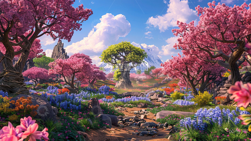 高清大图下载【趣麦麦图】春天植物鲜花雪山蓝天白云场景