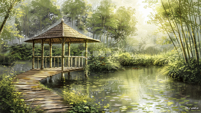 高清大图下载【趣麦麦图】春天植物绿水场景湖水唯美插画