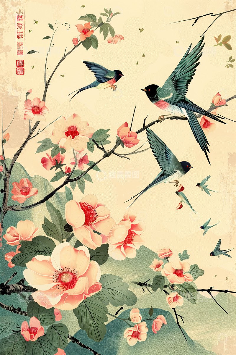 高清大图下载【趣麦麦图】中国古典国画桃花燕子背景