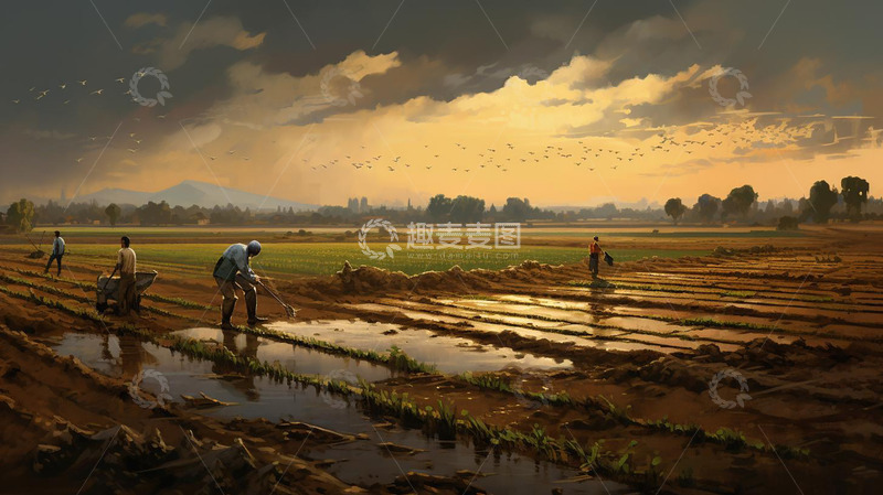 高清大图下载【趣麦麦图】谷雨农耕耕田插秧背景